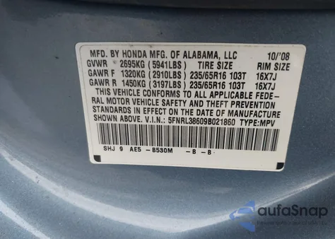 2009 Honda Odyssey Ex-L z USA, uszkodzony, nr VIN 5FNRL38609B021860